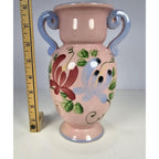 Vintage Pink Crackle Glaze Vase Blue Handles Floral Ceramic