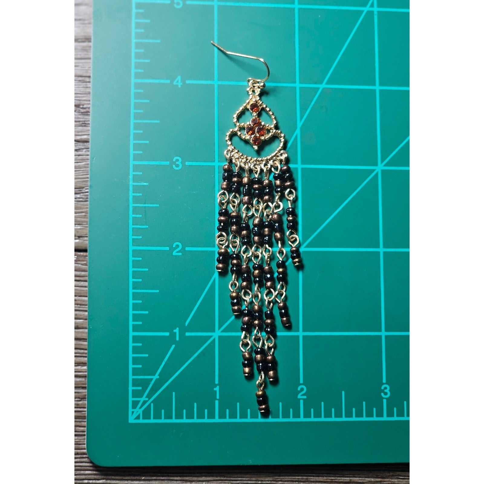 Vintage Gold Tone Beaded Chandelier Earrings Brown Black Dangle