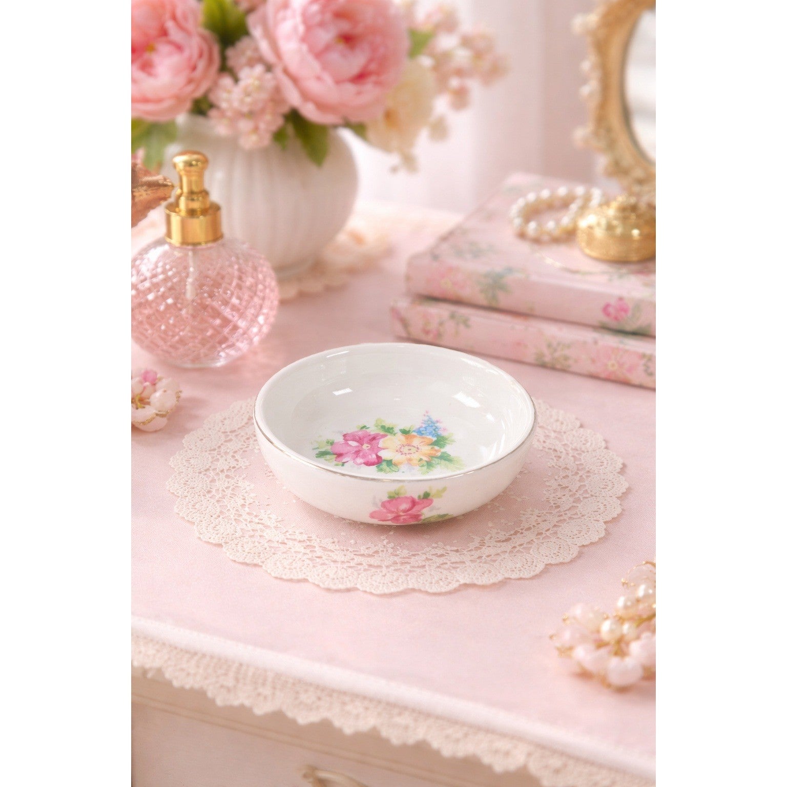 Vintage Floral Porcelain Dipping Bowl with Gold Rim – Small Trinket Dish