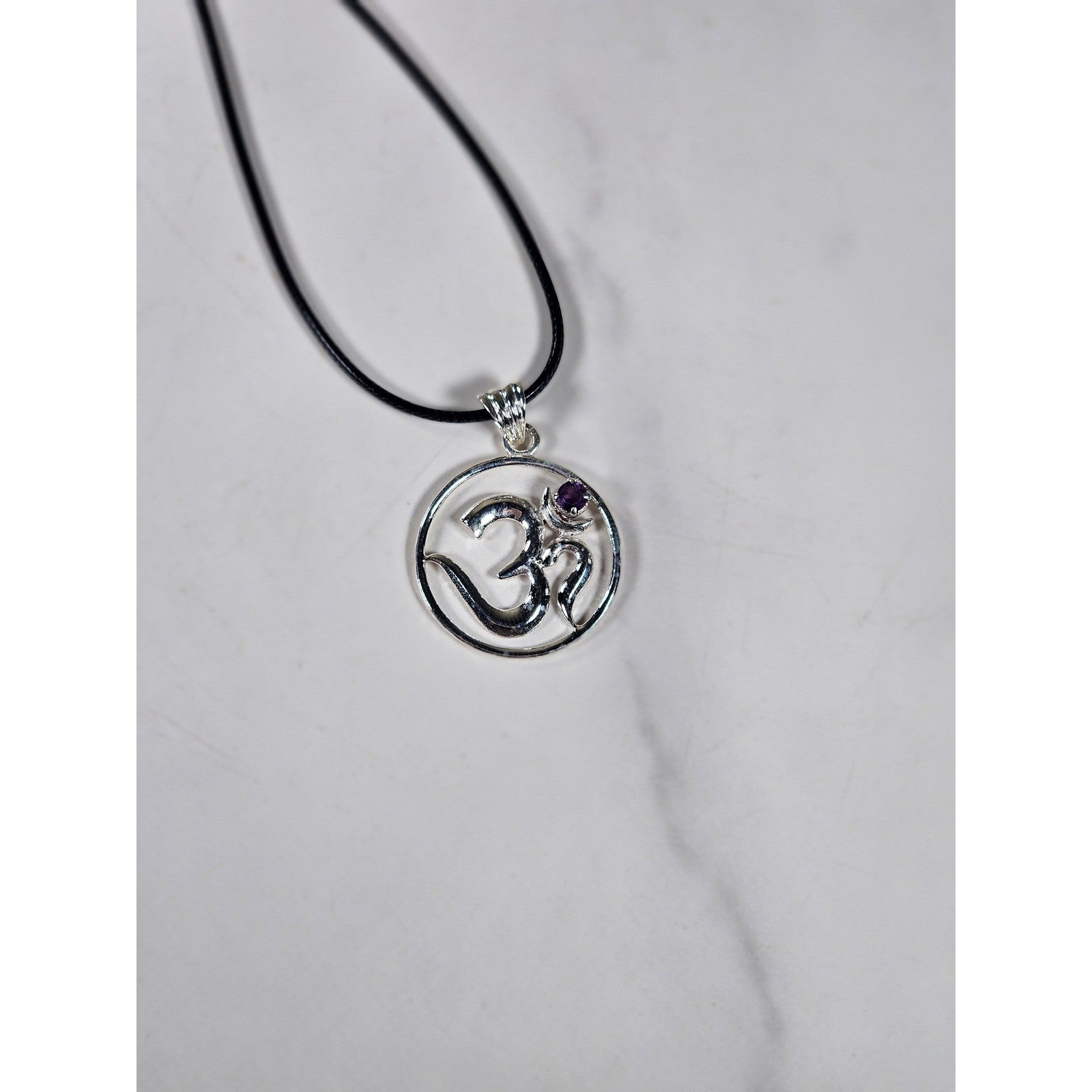 Vintage Sterling Silver Om Pendant with Purple Stone Necklace