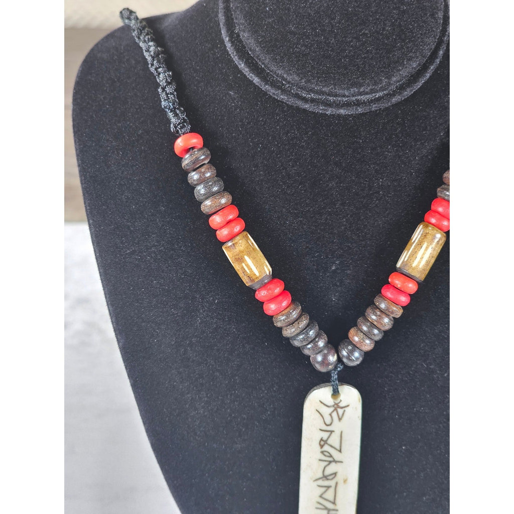 Vintage Tribal Script Pendant Necklace Wood & Red Beads