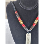 Vintage Tribal Script Pendant Necklace Wood & Red Beads