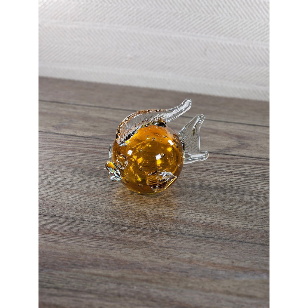 Vintage Amber Art Glass Fish Figurine 5" Hand Blown Bubble Glass