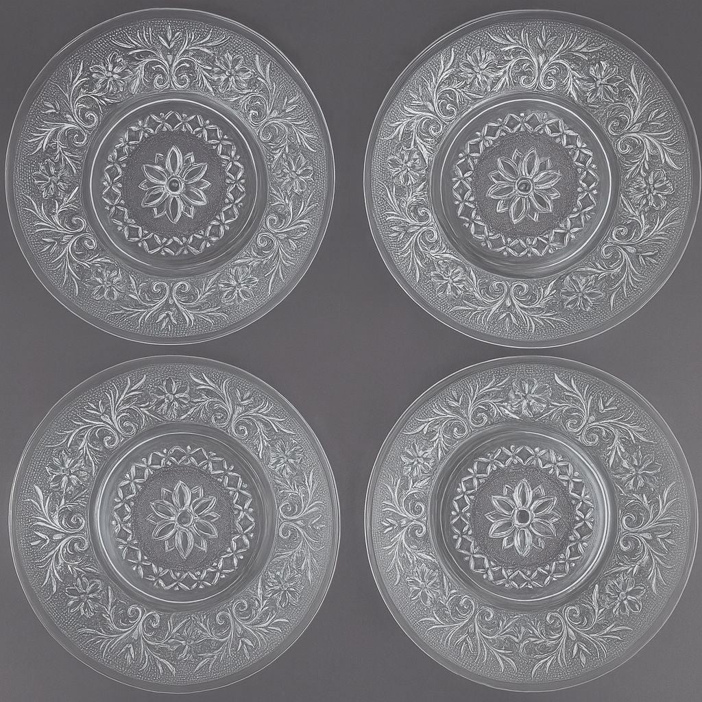 Set Of 4 Anchor Hocking Sandwich Glass Salad Plates Clear Vintage Floral Design