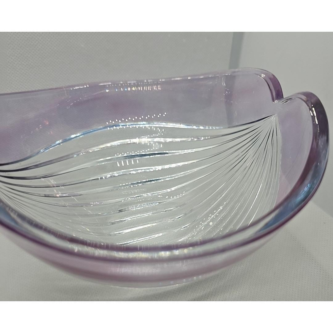 Vintage Ribbed Glass Bowl Purple Satin Edge Serving Dish