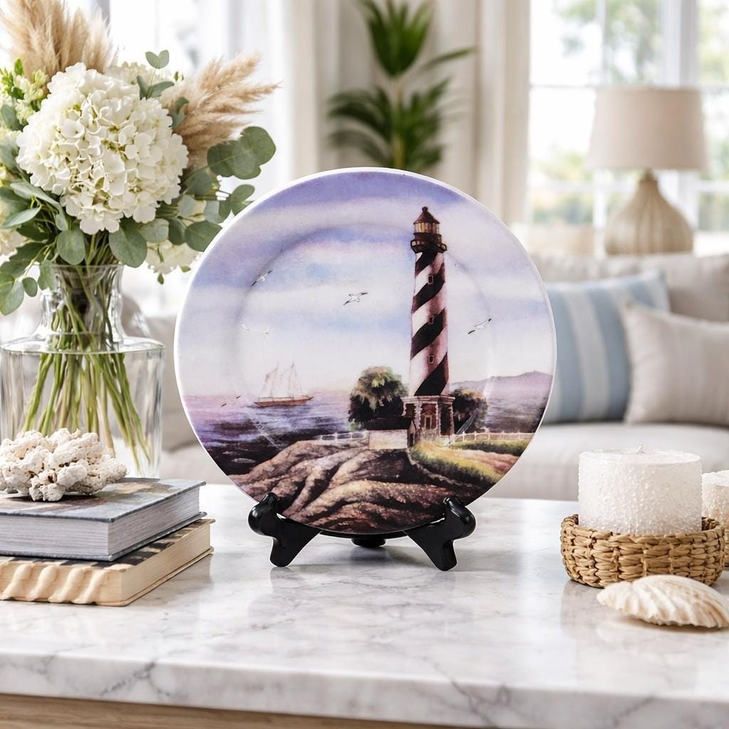 Vintage Lighthouse Seascape Decorative Plate 8 Inch Nautical Coastal Decor