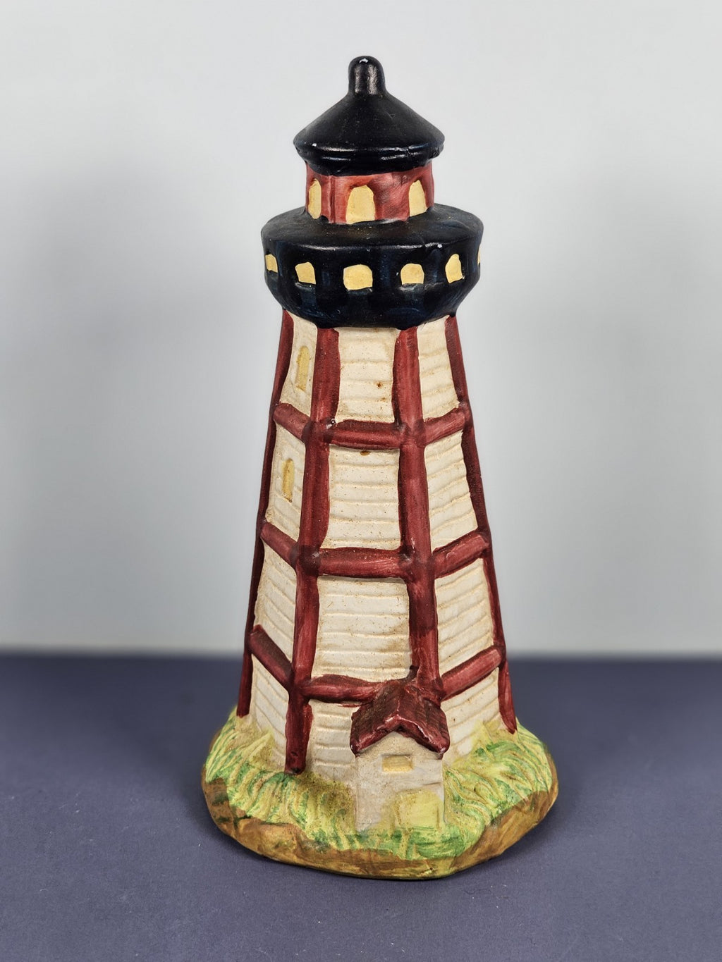 Vintage Ks Collection Beige Wood Design Red Stripe Design Lighthouse 6" Tall C