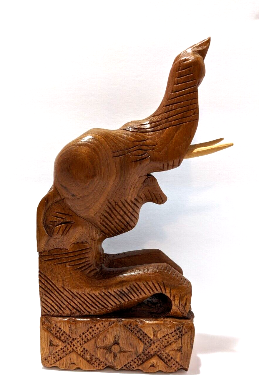 Vintage Hand Carved Teak Wood Elephant Bookend — Rustic Single Teak Elephant