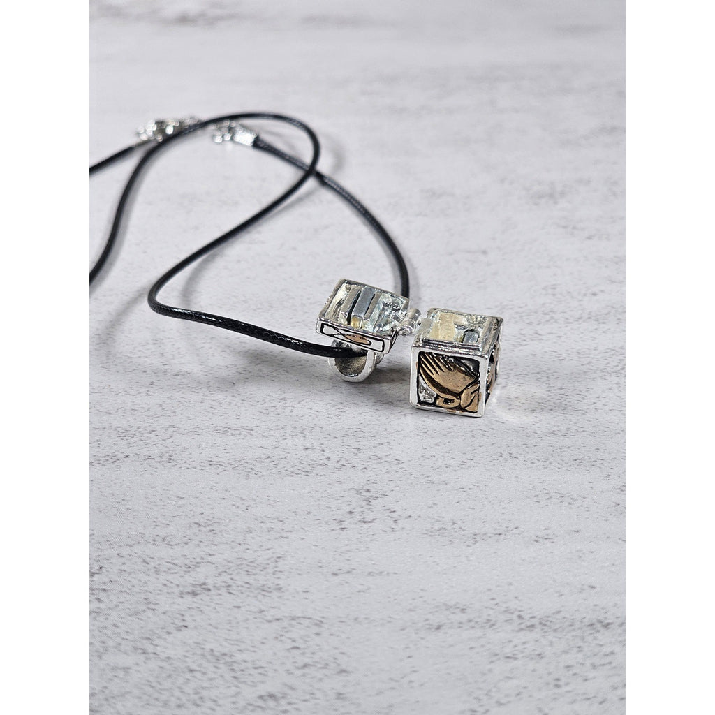Vintage Religious Cube Pendant Necklace Cross & Praying Hands