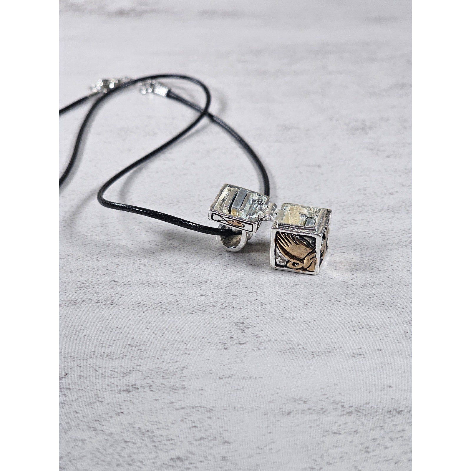 Vintage Religious Cube Pendant Necklace Cross & Praying Hands
