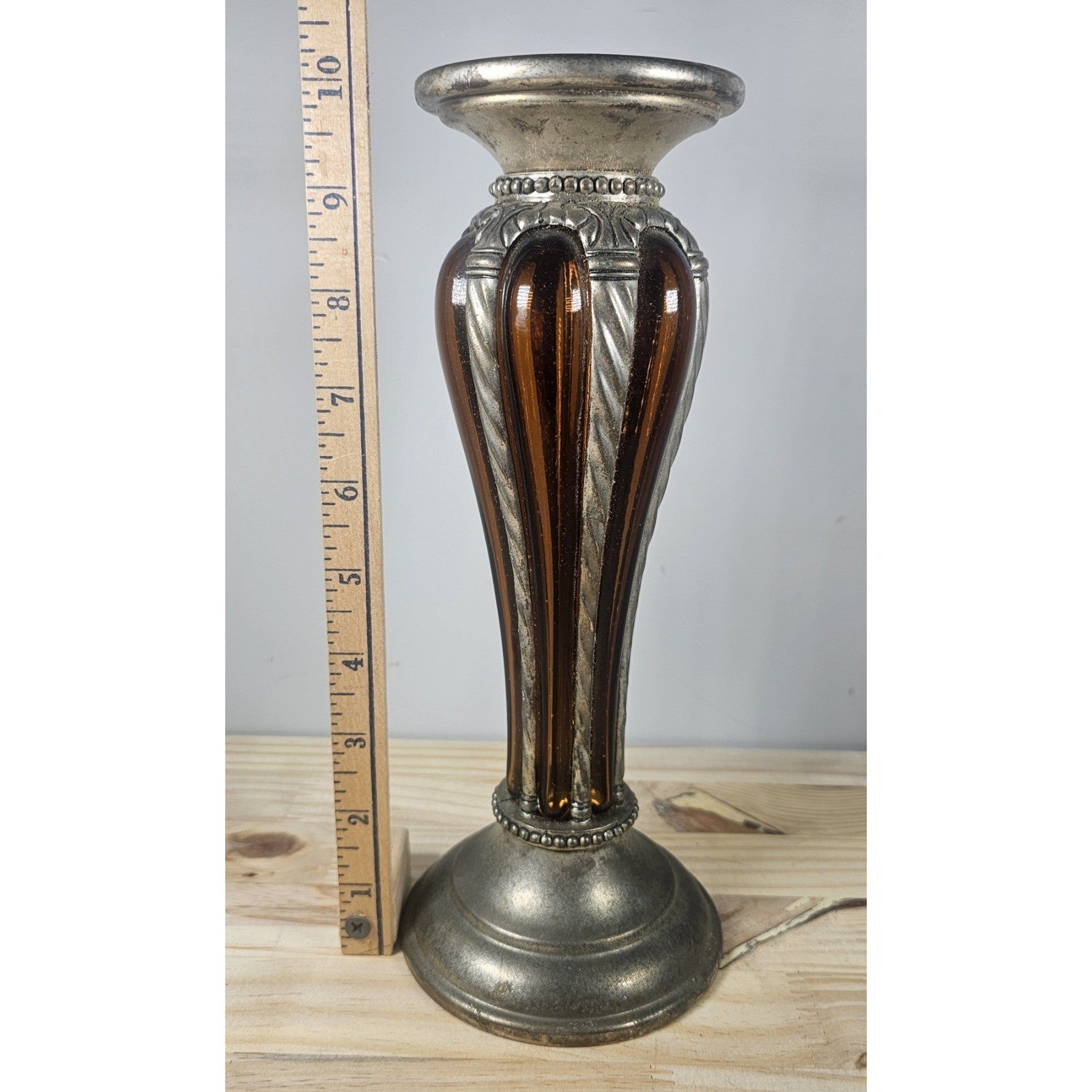 Vintage Silver Plate & Amber Glass Pillar Candle Holder Pair Pedestal