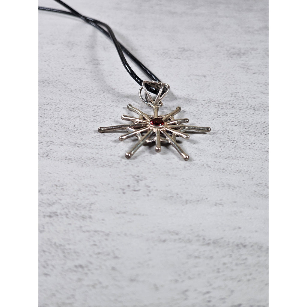 Vintage Starburst Pendant Necklace Red Stone Silver Tone