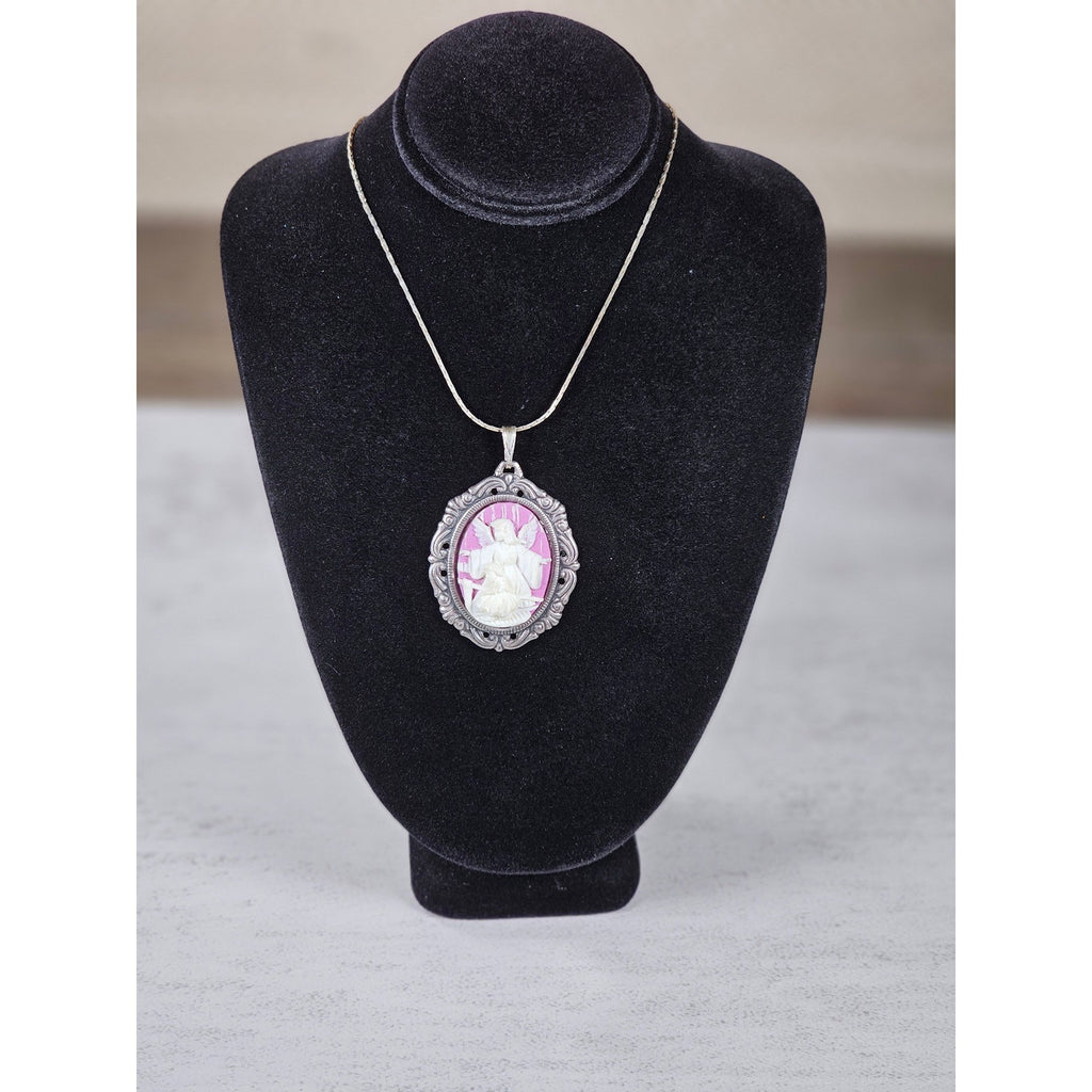 Vintage Angel Cameo Pendant Necklace Pink Relief Oval Frame