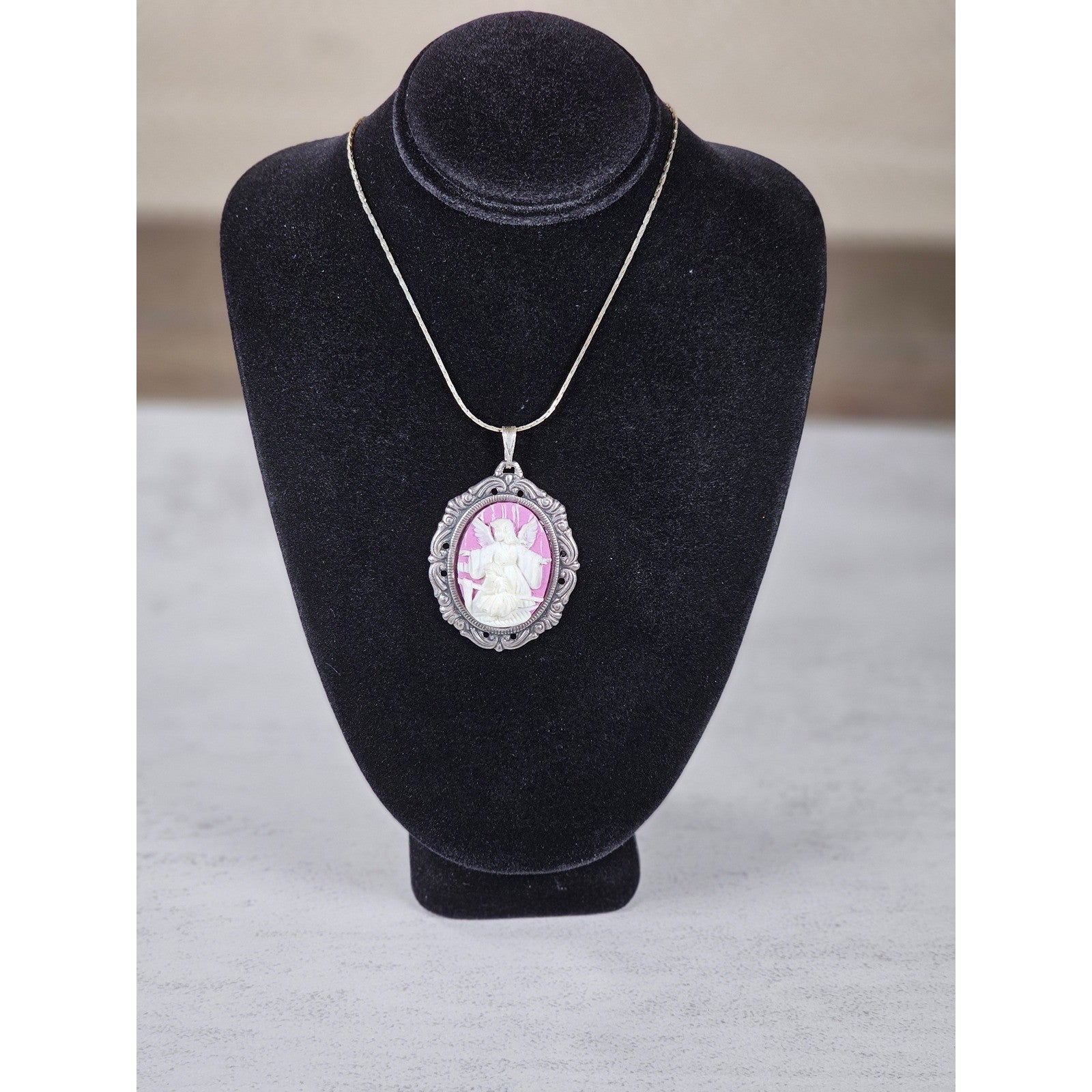 Vintage Angel Cameo Pendant Necklace Pink Relief Oval Frame