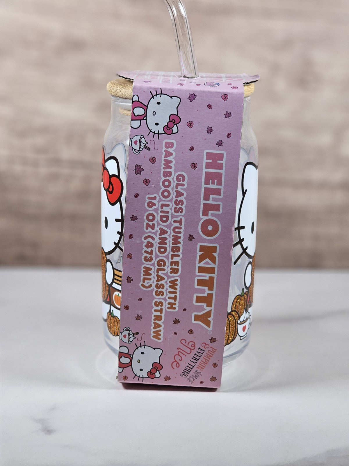 Hello Kitty Glass 16oz Tumbler with Bamboo Lid & Straw – Sanrio – NEW
