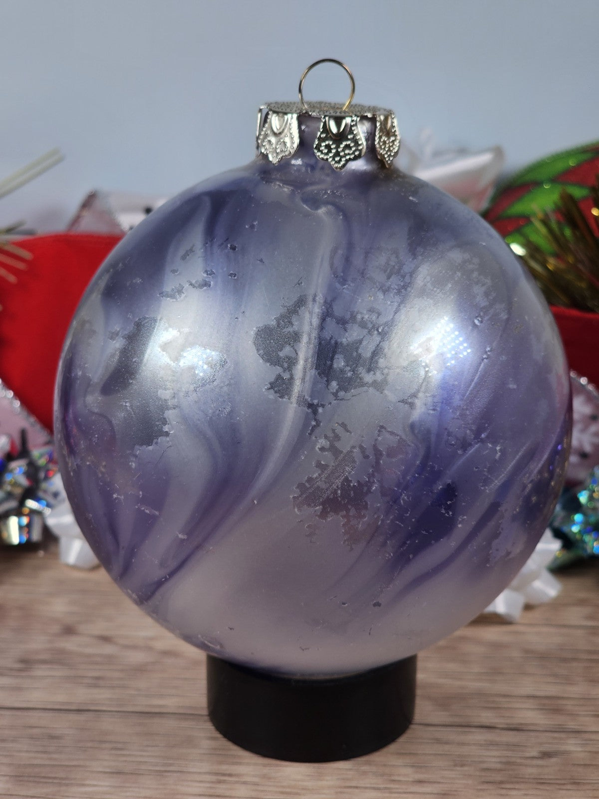 2 - 80s Vgt Blown Glass Purple Blue White Iridescent Marbled Christmas Ornament