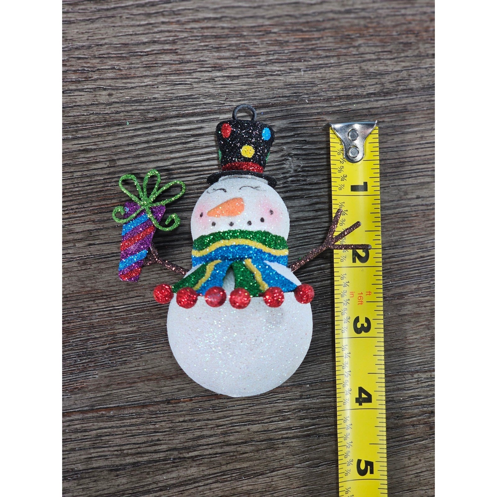 Vintage Glitter Snowman Christmas Ornament Holding Gift