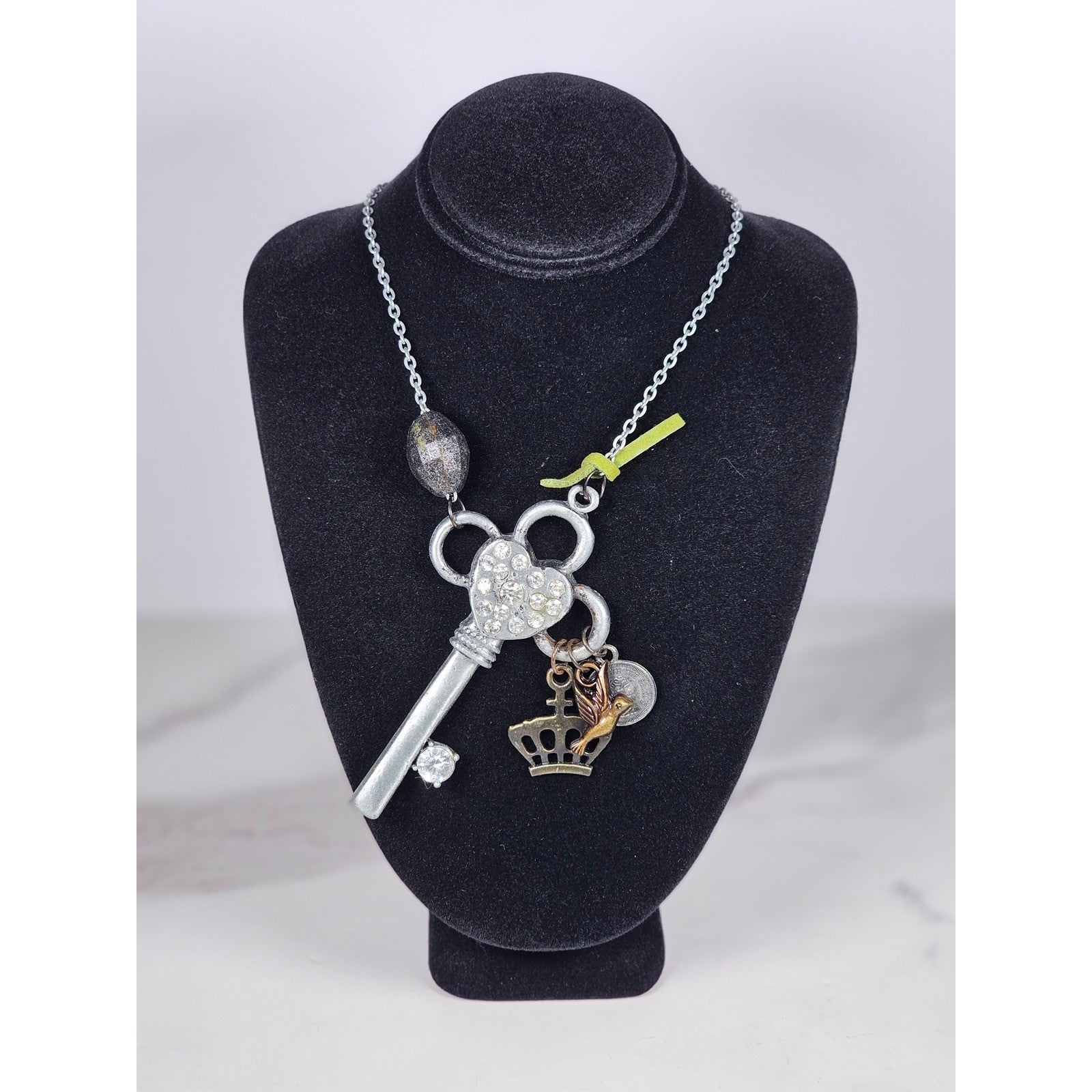 Vintage Charm Necklace Long Drop Key Crown Bird Coin Pendant