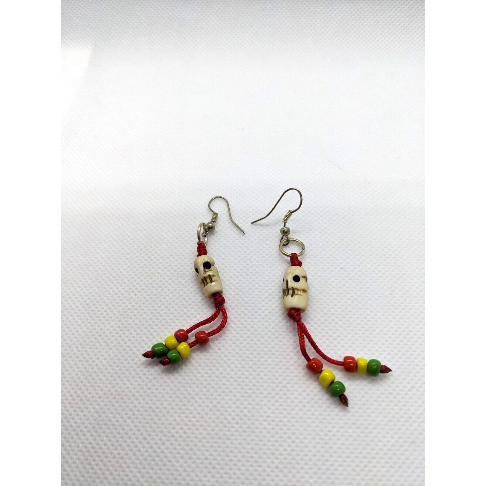 Pair of Handmade Buffalo Bone Skull Dangle Earrings Vintage Tribal Style