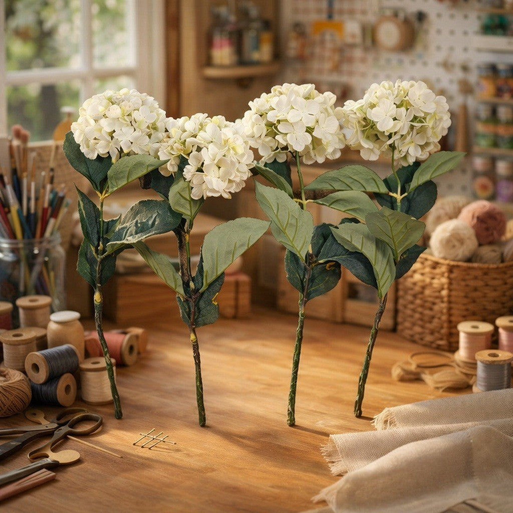 Vintage Artificial Hydrangea Flowers Set of 4 White Floral Stems