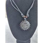 Vintage Carved Black Pendant Necklace Sunburst Lotus Design