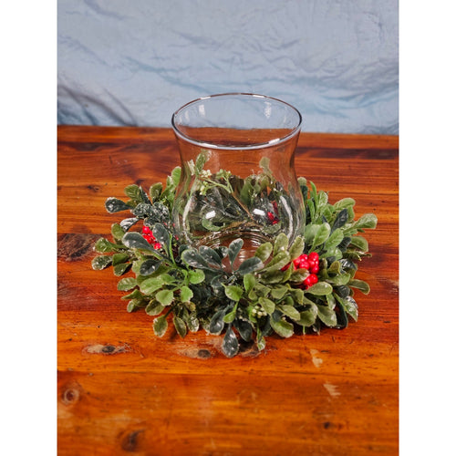 Glass Hurricane Candle Holder with Faux Greenery Ring, 6" Tall Table Decor