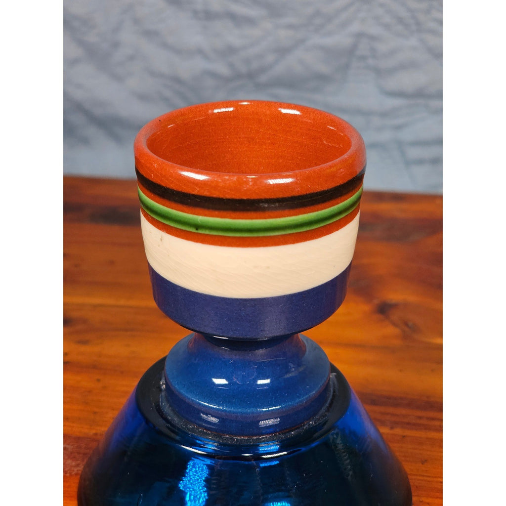 Vintage Nittsjo Sweden Egg Cup Blue Glass Base Hand Painted Ceramic Top