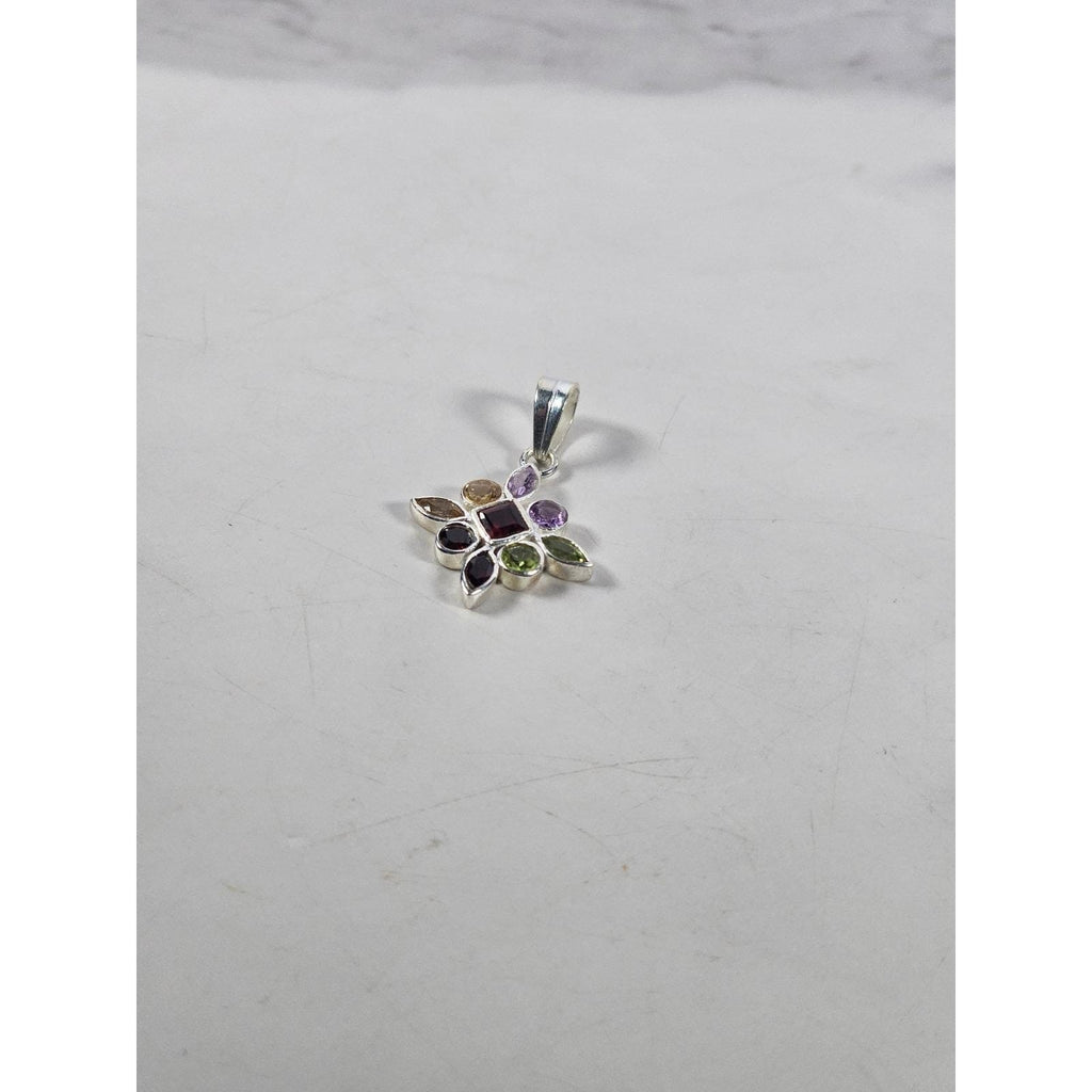 Vintage Sterling Silver Multi-Stone Gemstone Pendant, 925 Floral Design No Chain