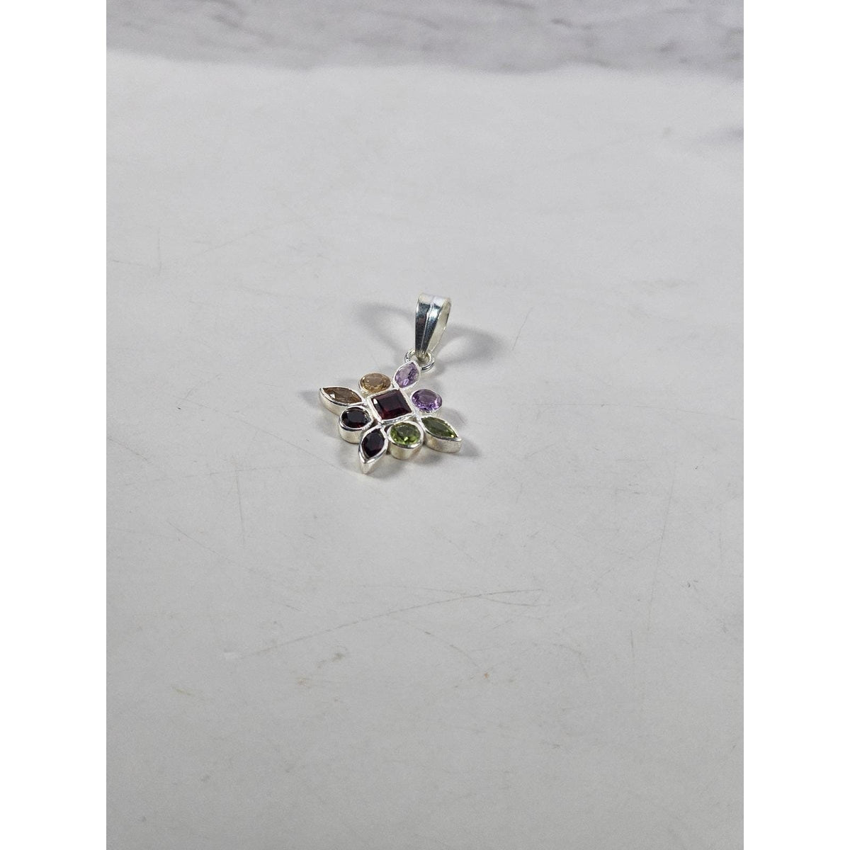 Vintage Sterling Silver Multi-Stone Gemstone Pendant, 925 Floral Design No Chain