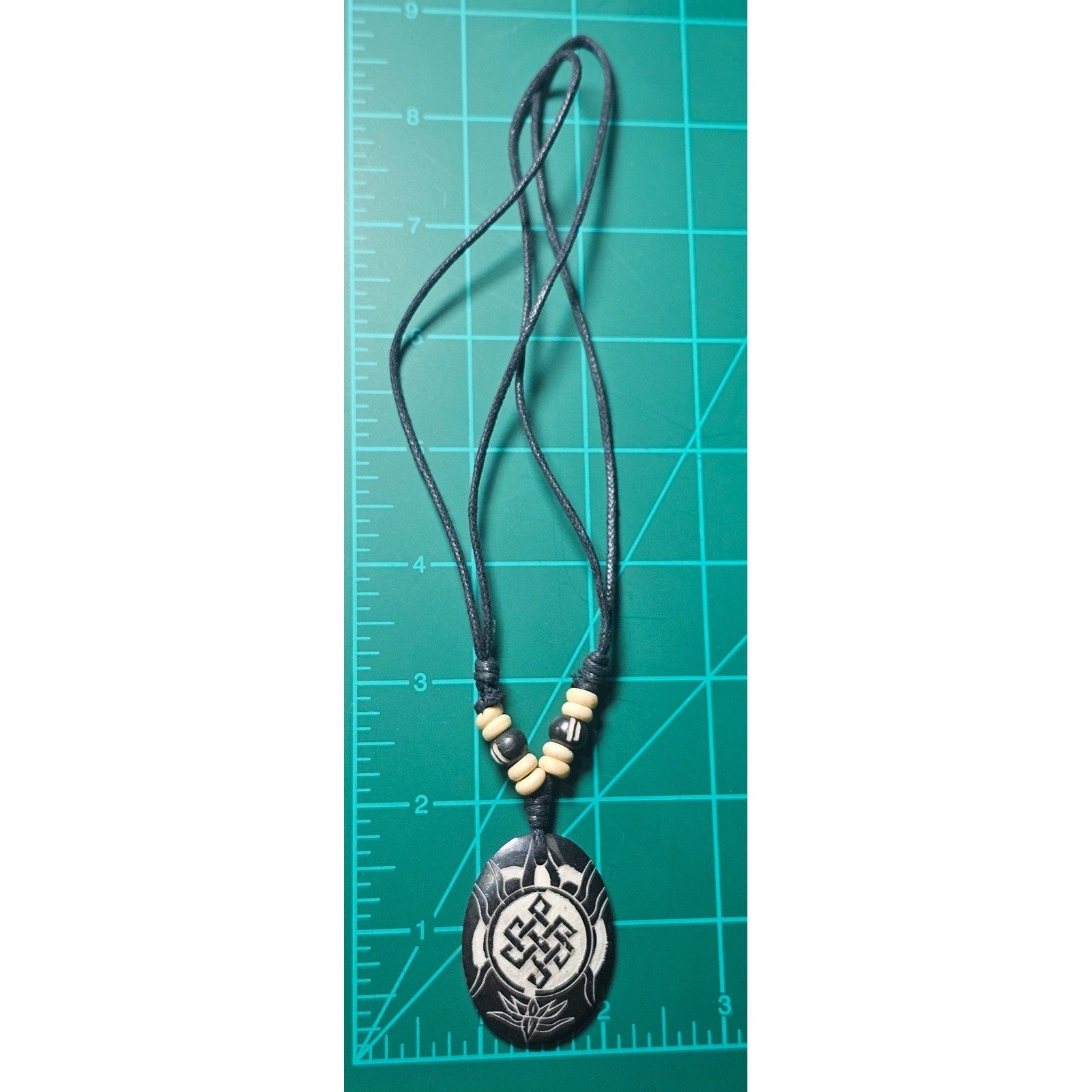 Vintage Carved Symbol Pendant Necklace Black Cord Beaded Adjustable