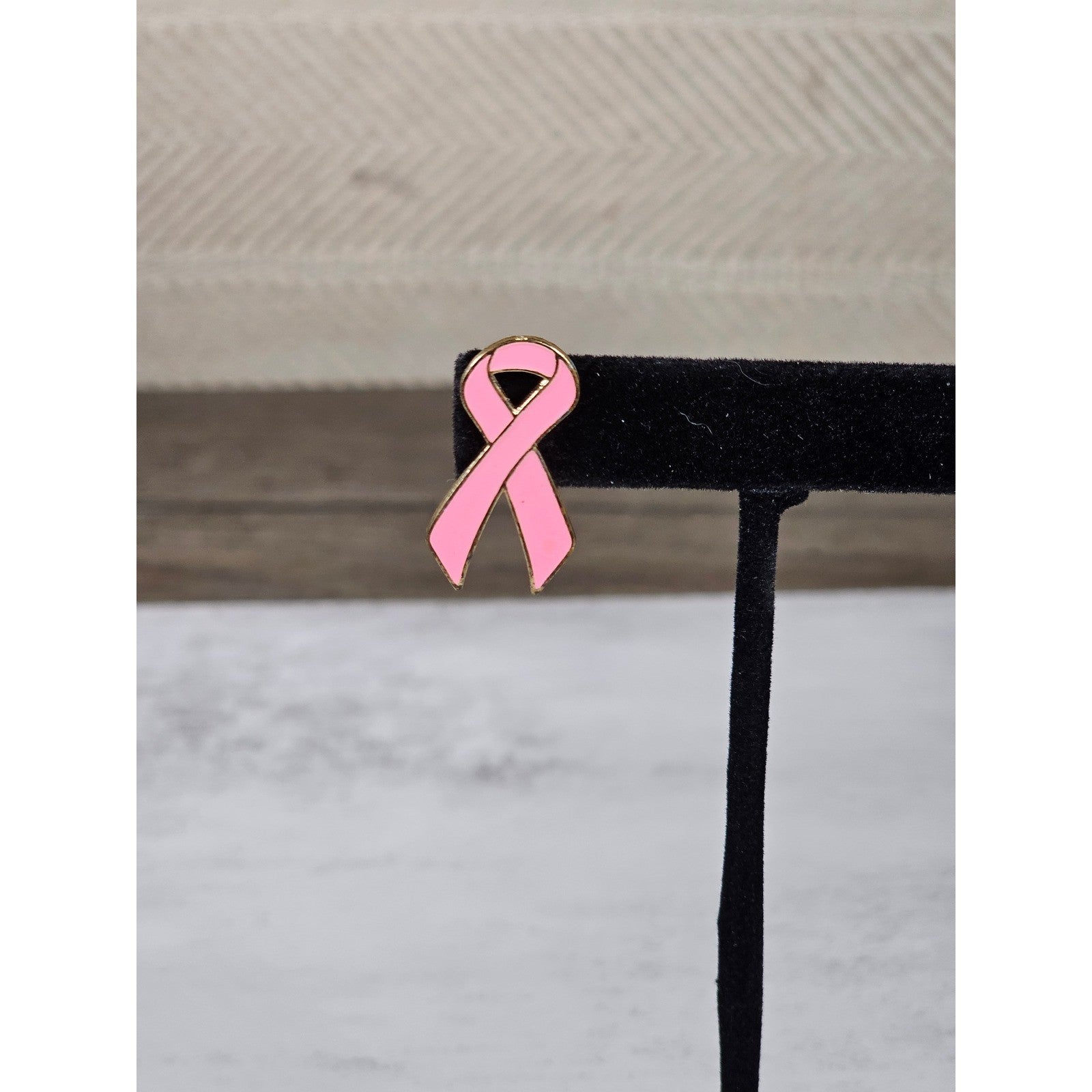 Vintage Pink Ribbon Enamel Pin Gold Tone 1 Inch Awareness Brooch
