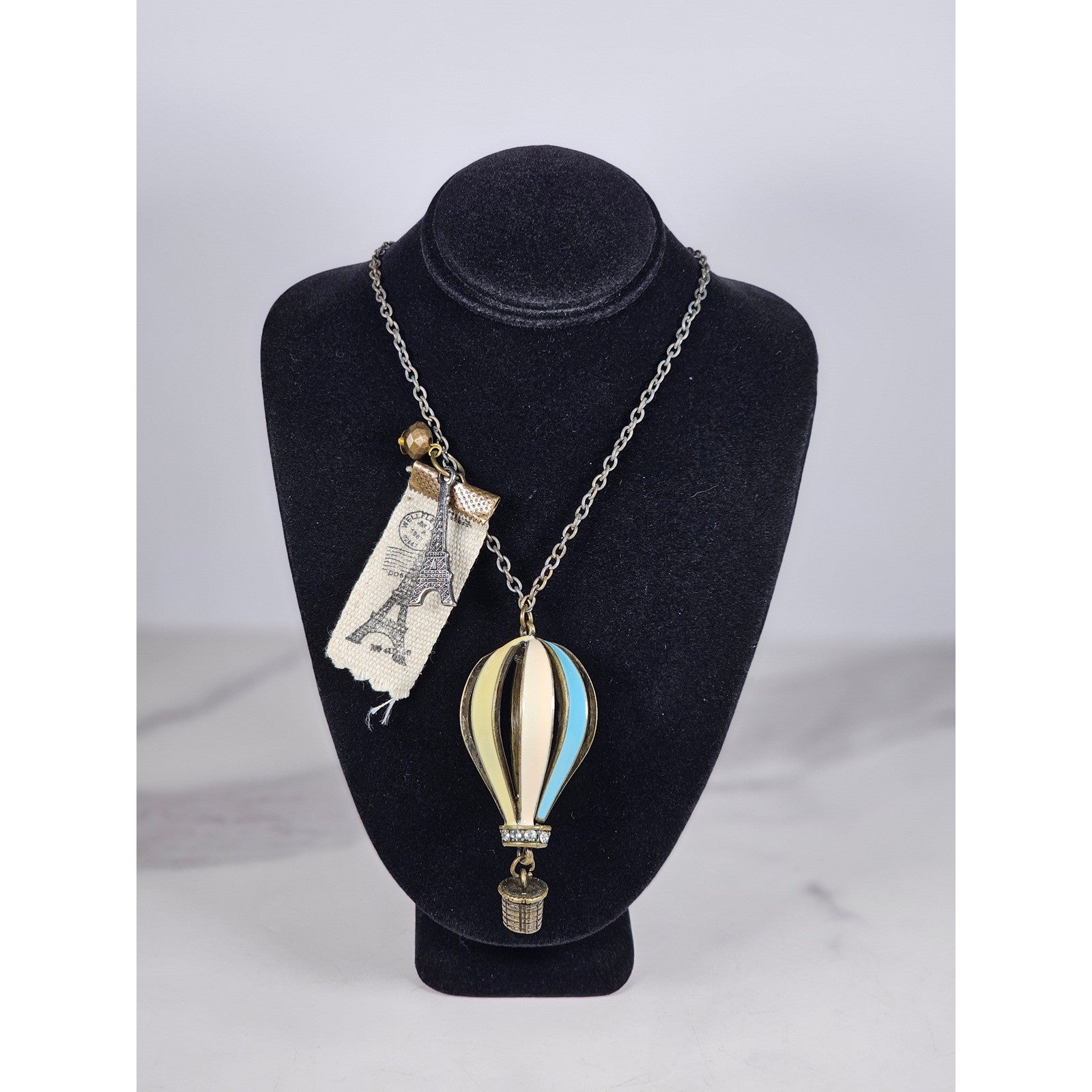 Vintage Hot Air Balloon Necklace Paris Eiffel Tower Charm Long Chain