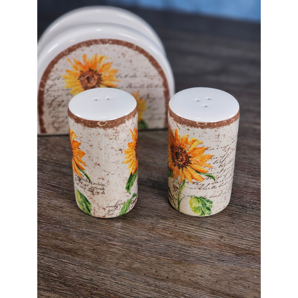 Vintage Sunflower Salt & Pepper Shakers with Matching Napkin Holder Set
