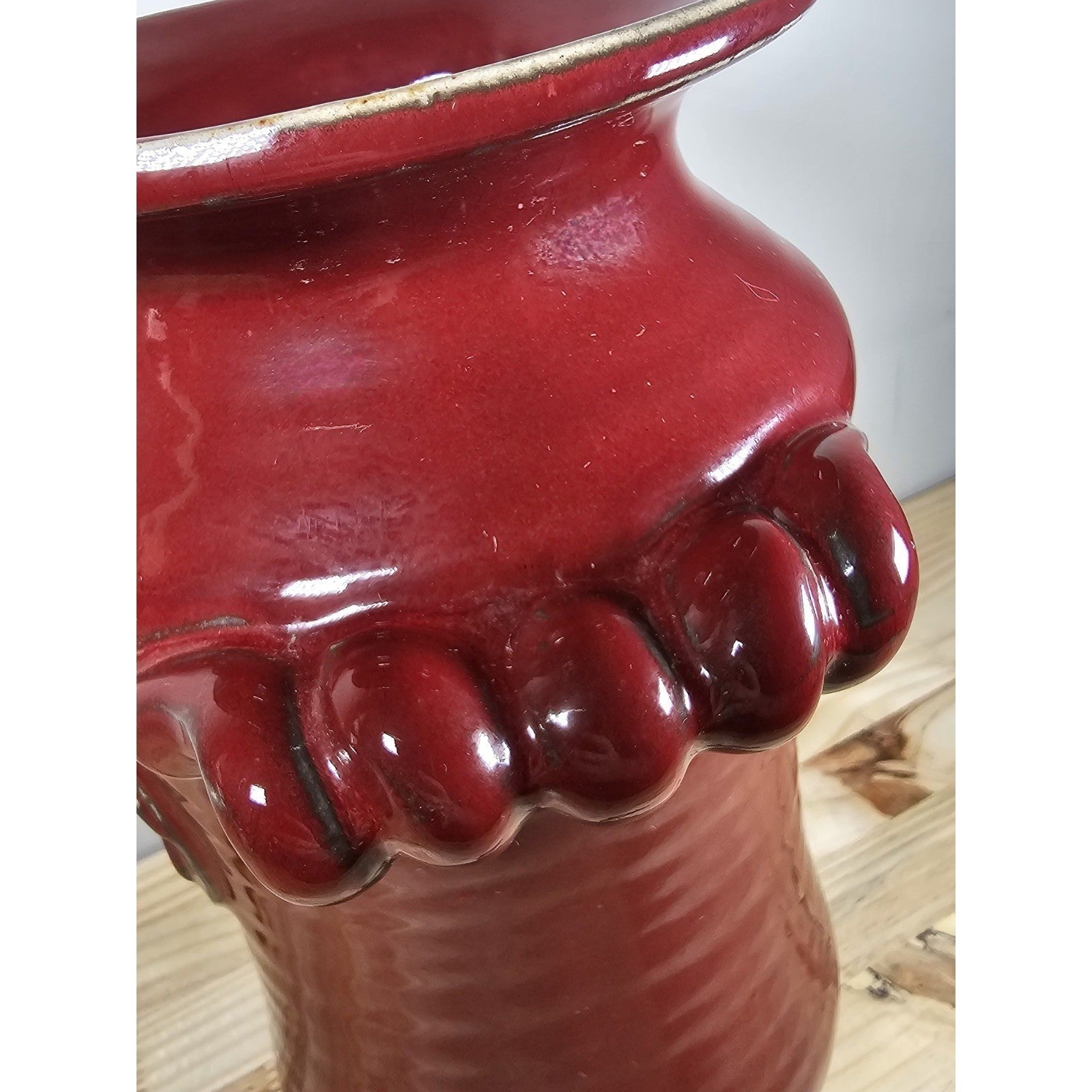 Vintage Burgundy Pottery Vase Fleur De Lis Double Handle Ceramic 11.5"