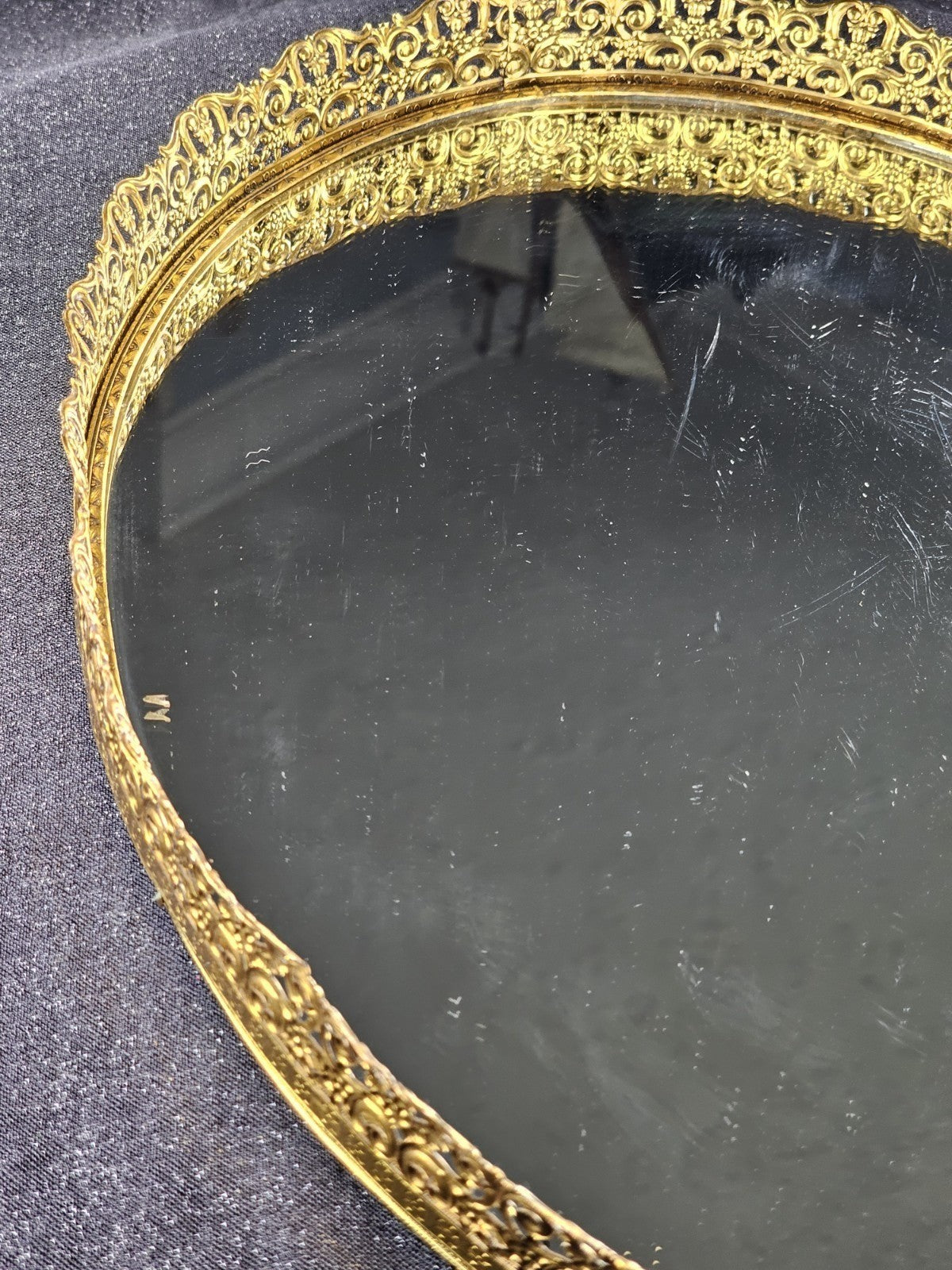 Vintage Oval Glass Mirror Vanity Tray 16 X 12 Ornate Gold-Tone Frame