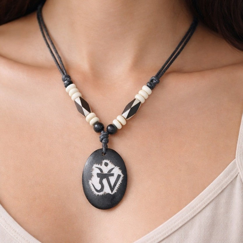 Vintage Hand Carved Pendant Necklace Black Cord Tribal Style