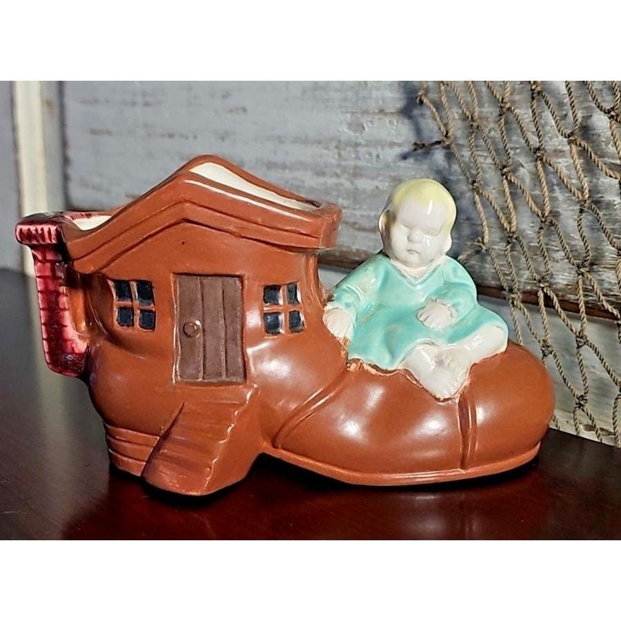 Vintage Porcelain Shoe House Planter Japan Kay B Child Figurine