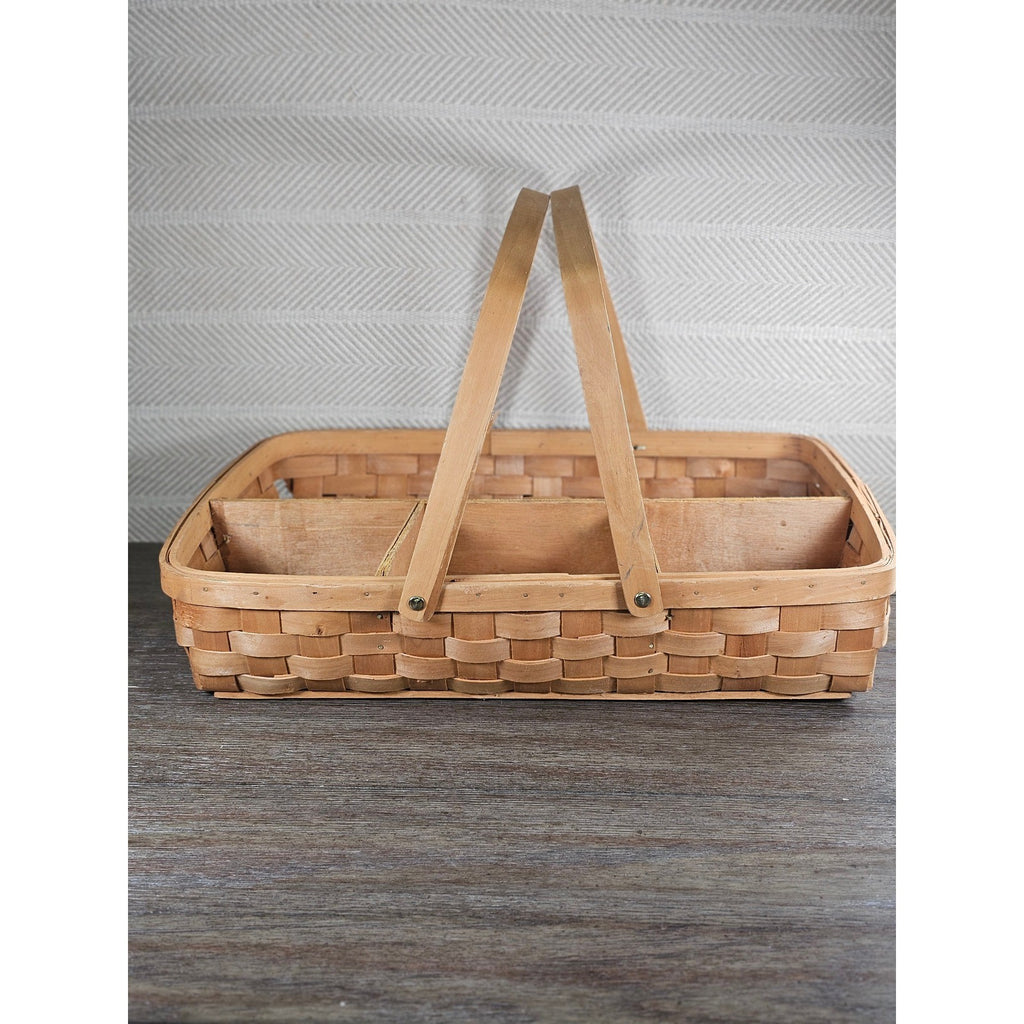 Vintage Wood Splint Divided Basket with Handle, Rustic Farmhouse Organizer