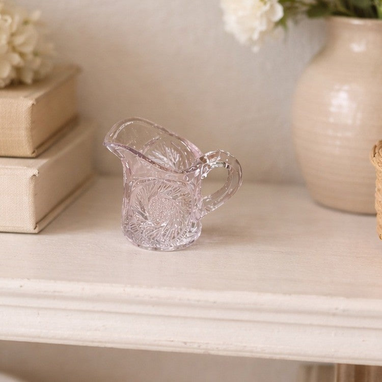 Vintage Cut Glass Mini Creamer Pitcher Starburst Swirl Chipped Rim 2.3in