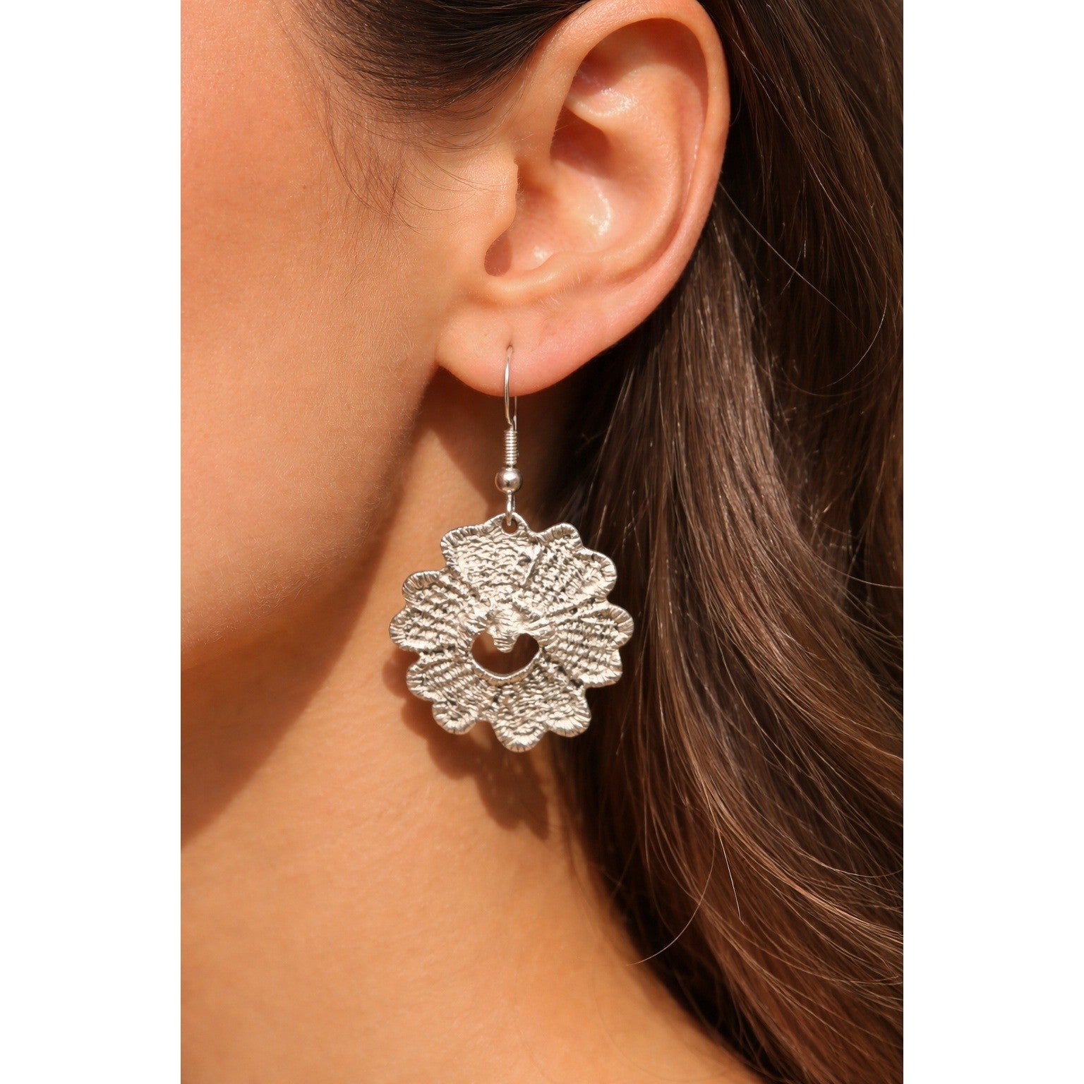 Textured Silver-Tone Floral Heart Dangle Earrings Vintage Style