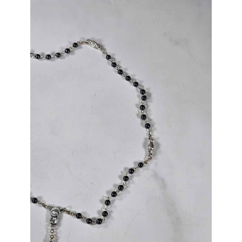 Vintage Black Bead Rosary Necklace Silver Tone Crucifix Catholic