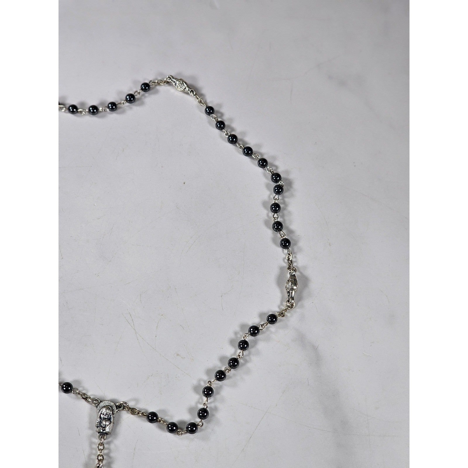 Vintage Black Bead Rosary Necklace Silver Tone Crucifix Catholic
