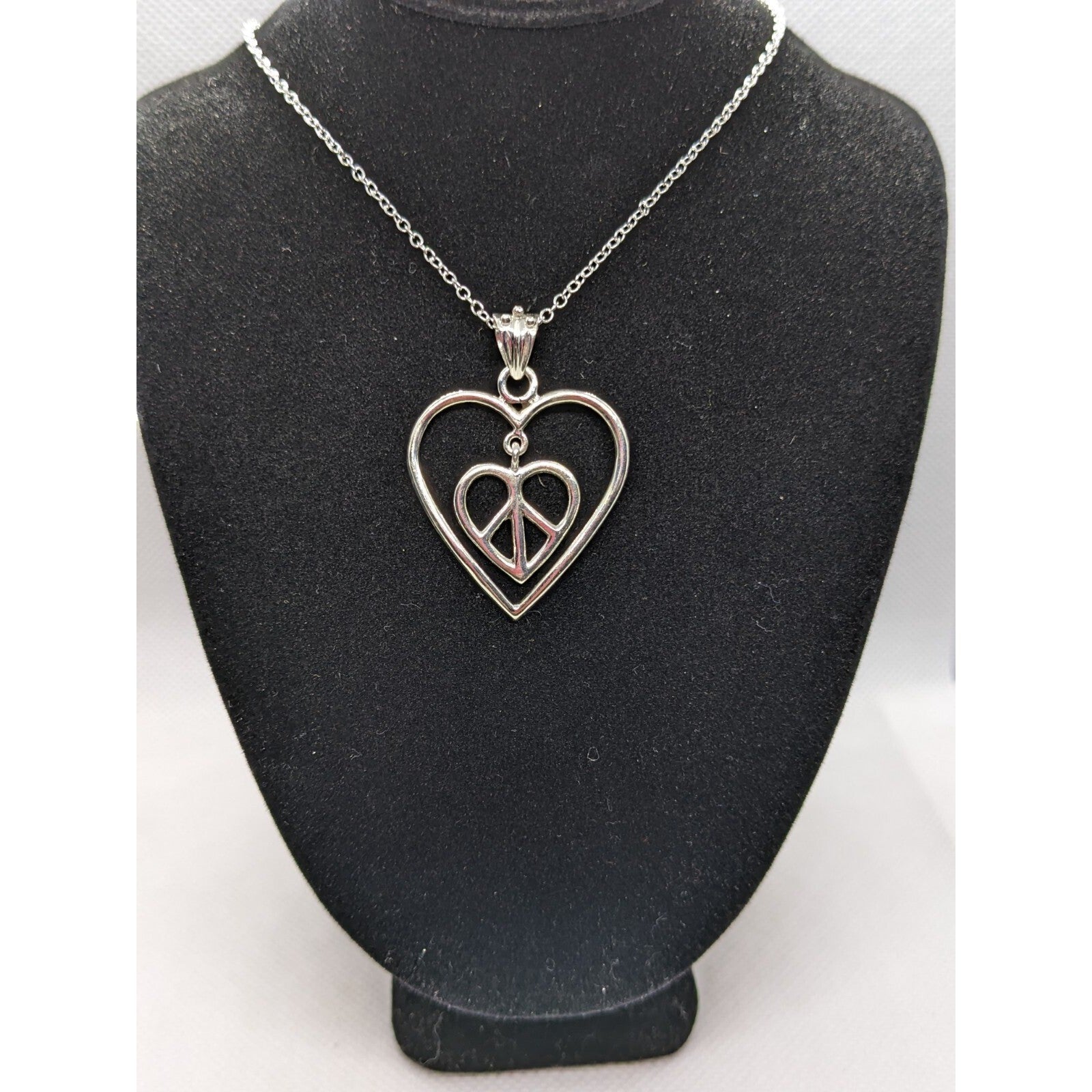 Vintage Sterling Silver Peace Heart Pendant Necklace 18 Inch Chain