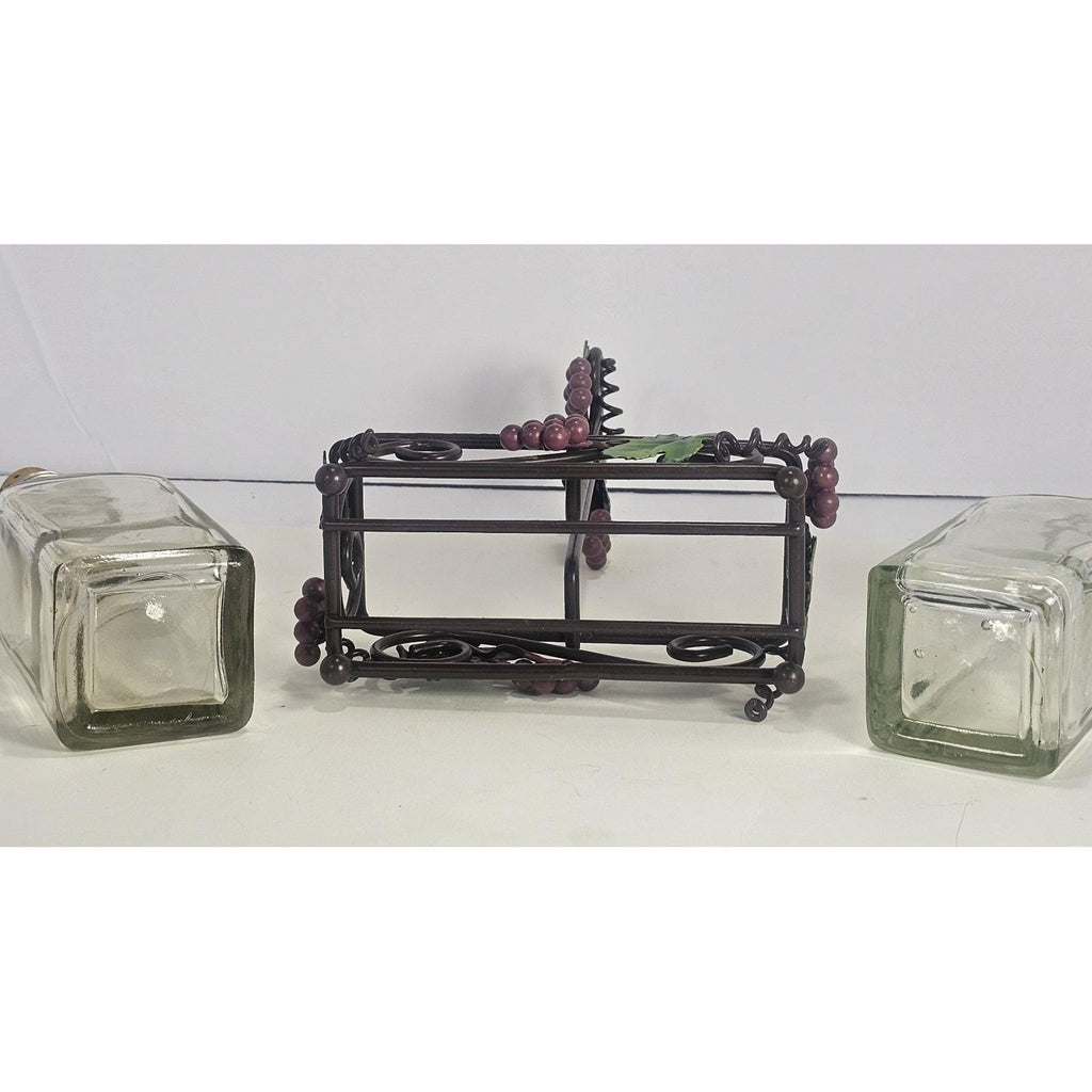 Vintage Oil Vinegar Cruet Set Glass Bottles Metal Caddy
