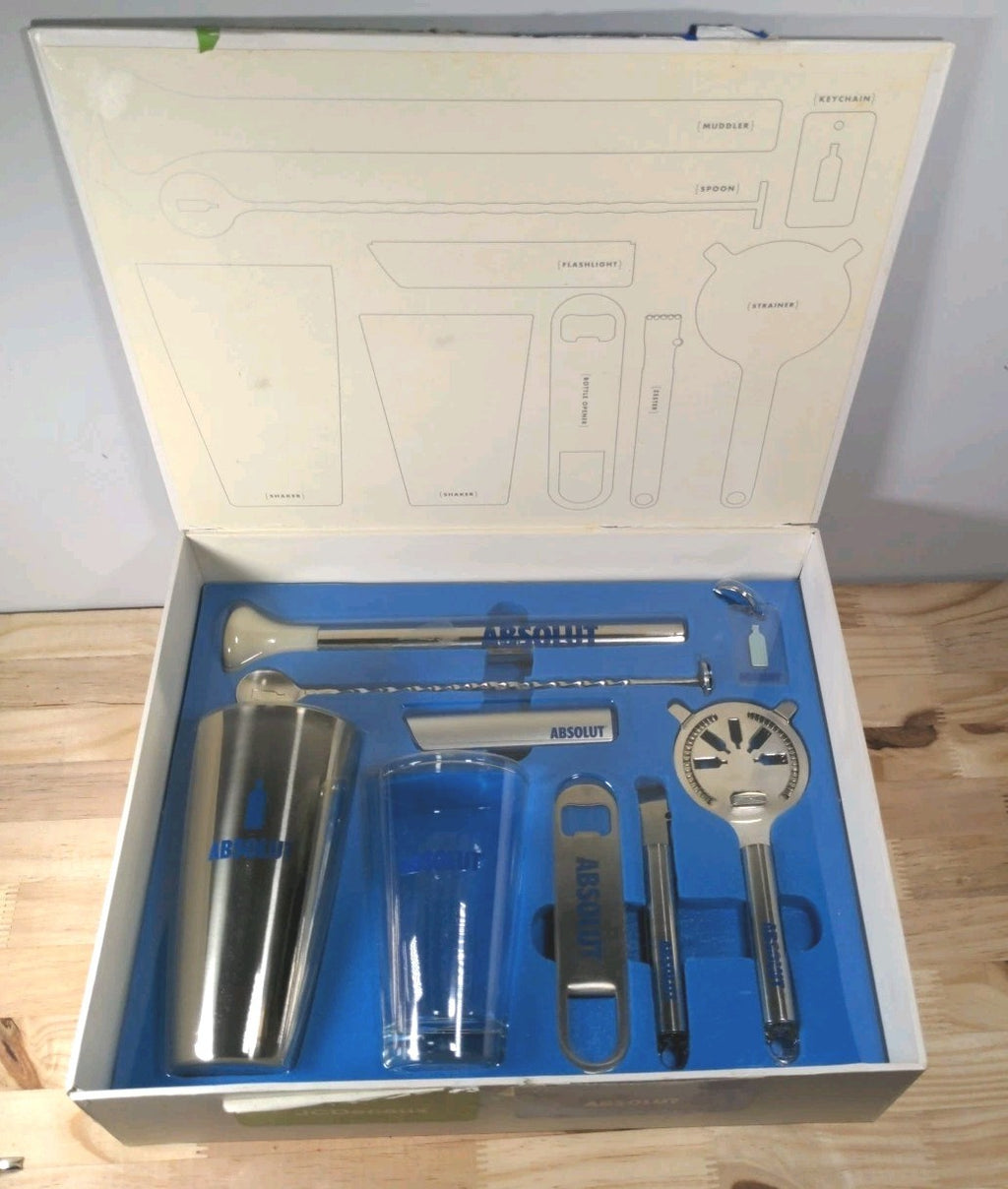 Absolut Vodka 9-Piece Bar Toolkit Set  Shaker Glass Muddler Strainer & More