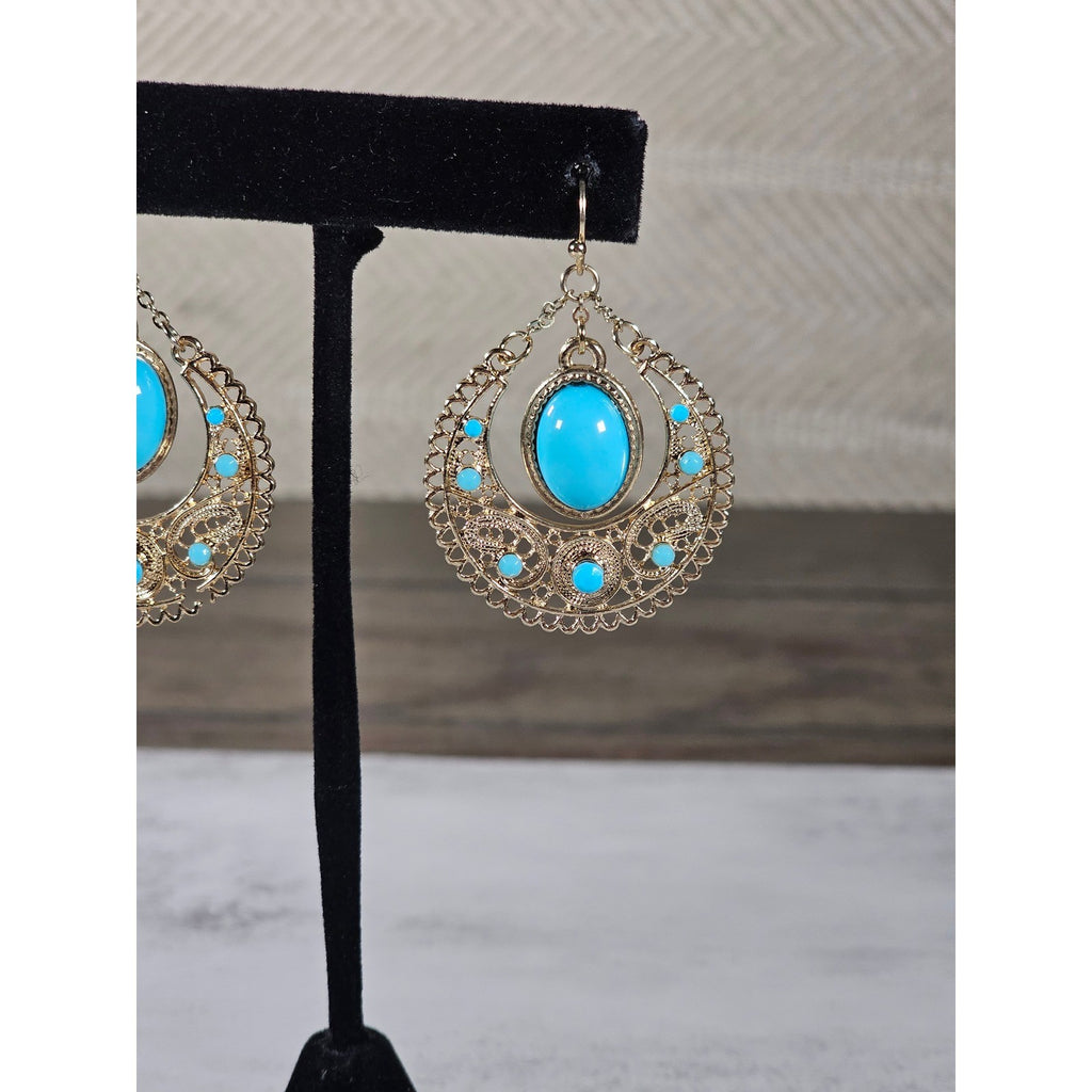 Vintage Gold Filigree Turquoise Drop Earrings Boho Statement