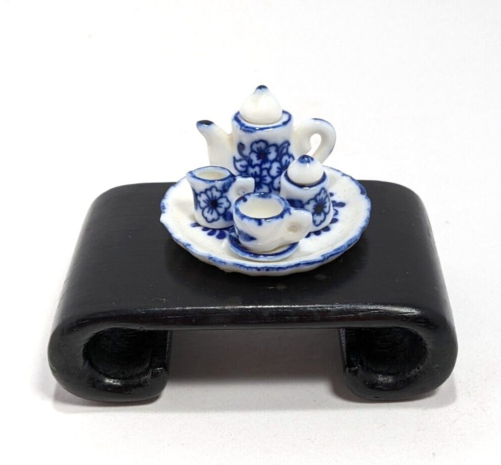 Dollhouse Tea Set with Blue White Floral Ceramic 1:12 Scale Miniature
