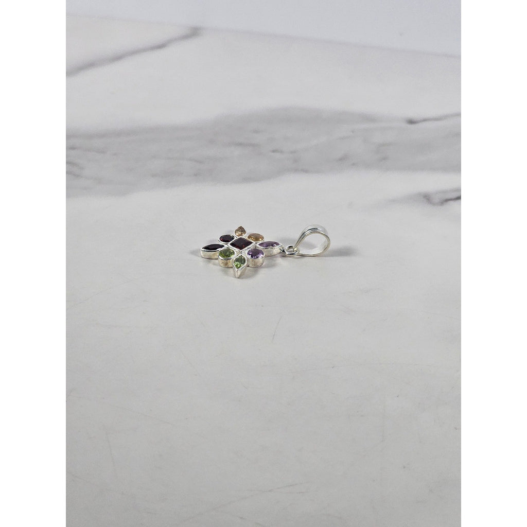 Vintage Sterling Silver Multi-Stone Gemstone Pendant, 925 Floral Design No Chain