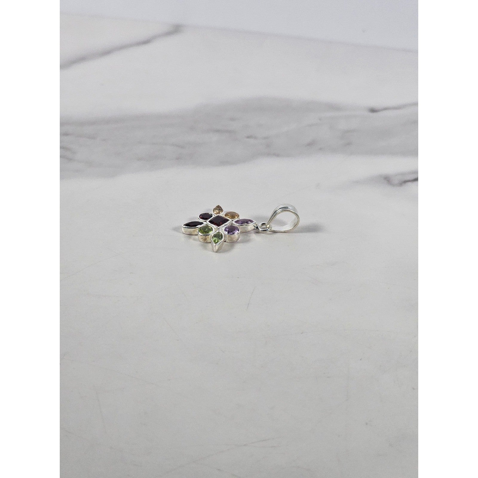 Vintage Sterling Silver Multi-Stone Gemstone Pendant, 925 Floral Design No Chain