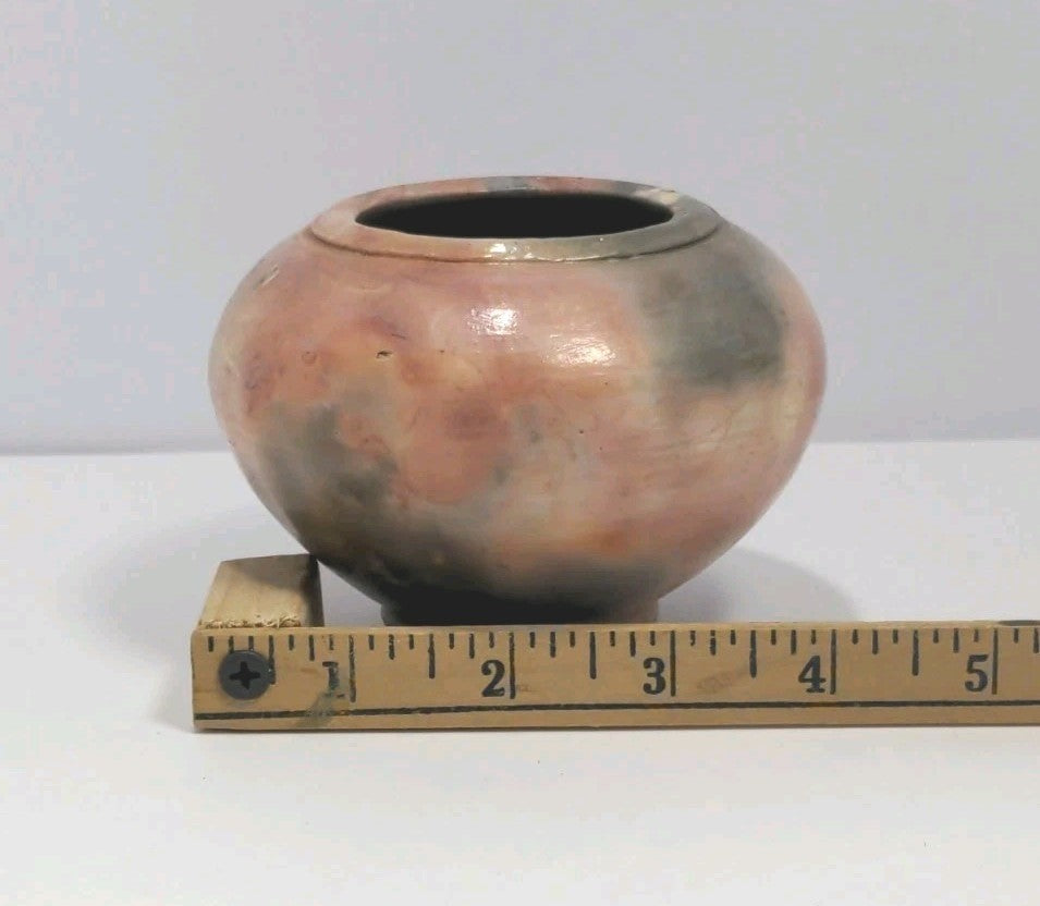 Handmade 3" X 4" Round Glazed Pottery Vase With Unique Stamped Base & Pink/Gray
